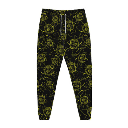 Black And Yellow Daffodil Pattern Print Jogger Pants