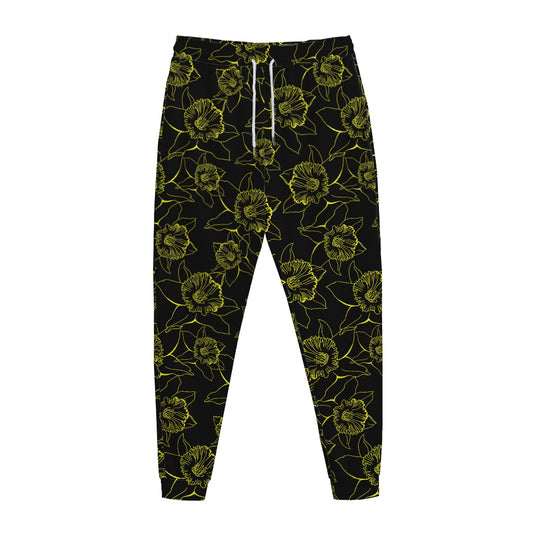 Black And Yellow Daffodil Pattern Print Jogger Pants
