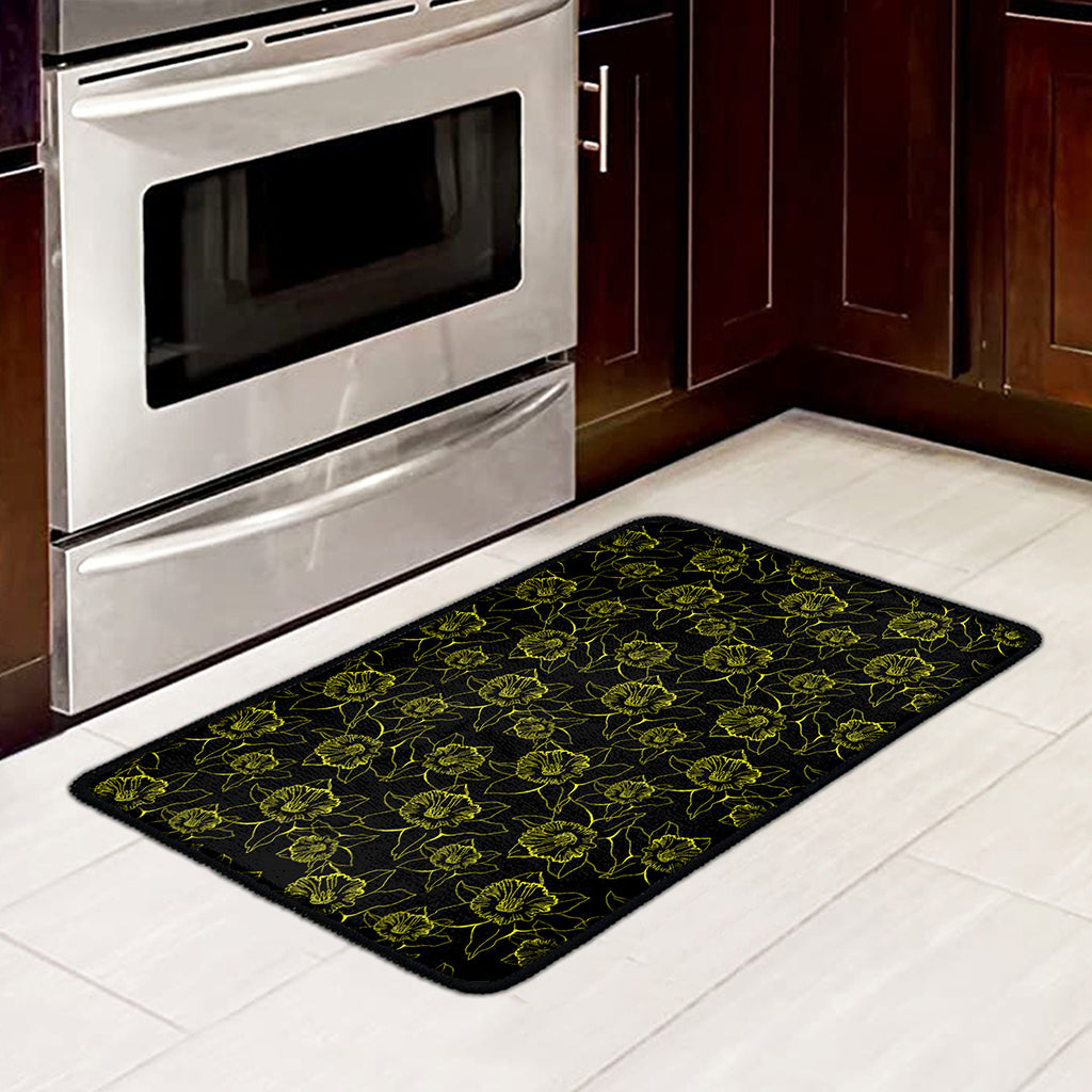 Black And Yellow Daffodil Pattern Print Kitchen Mat