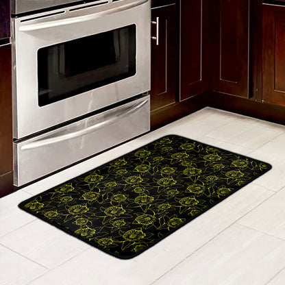 Black And Yellow Daffodil Pattern Print Kitchen Mat