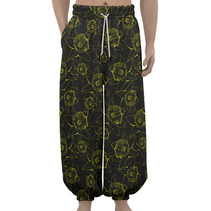 Black And Yellow Daffodil Pattern Print Lantern Pants