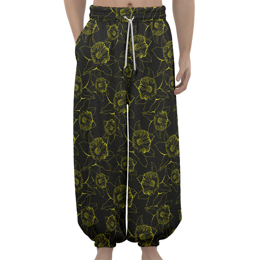Black And Yellow Daffodil Pattern Print Lantern Pants