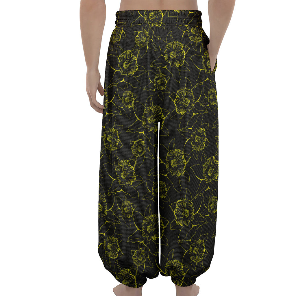 Black And Yellow Daffodil Pattern Print Lantern Pants