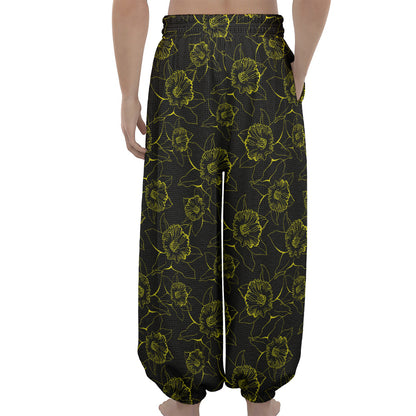 Black And Yellow Daffodil Pattern Print Lantern Pants