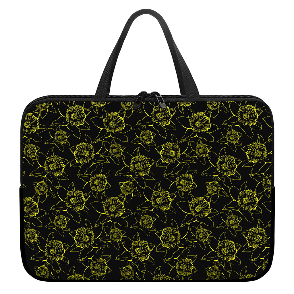 Black And Yellow Daffodil Pattern Print Laptop Sleeve With Handle