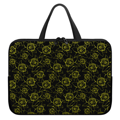 Black And Yellow Daffodil Pattern Print Laptop Sleeve With Handle
