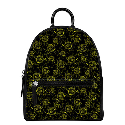 Black And Yellow Daffodil Pattern Print Leather Backpack