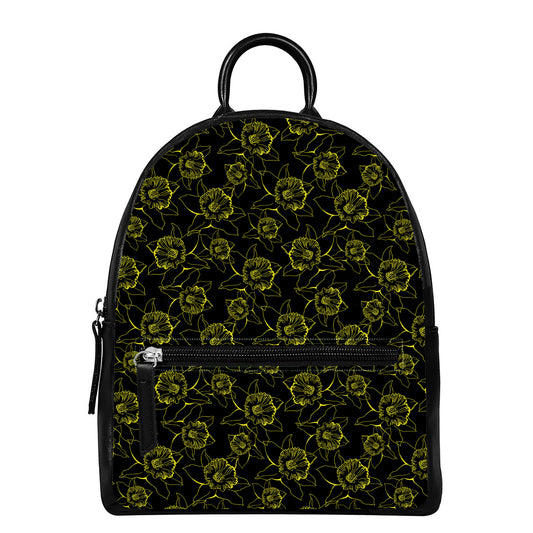 Black And Yellow Daffodil Pattern Print Leather Backpack