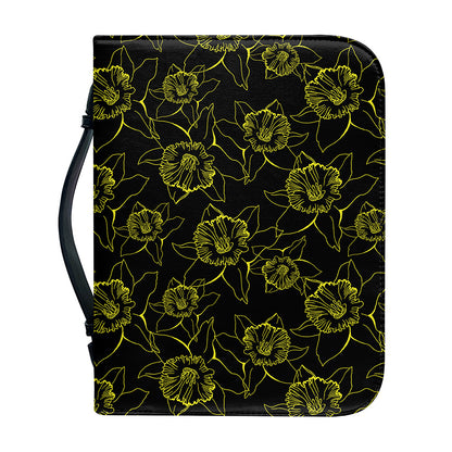 Black And Yellow Daffodil Pattern Print Leather Bible Cover