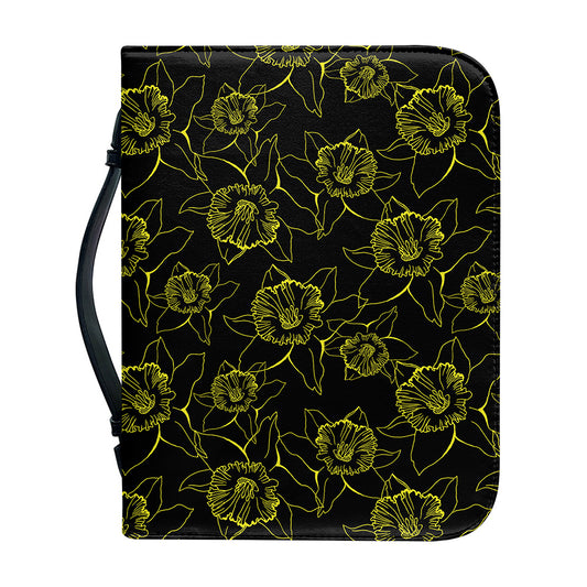Black And Yellow Daffodil Pattern Print Leather Bible Cover