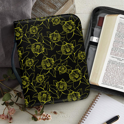 Black And Yellow Daffodil Pattern Print Leather Bible Cover