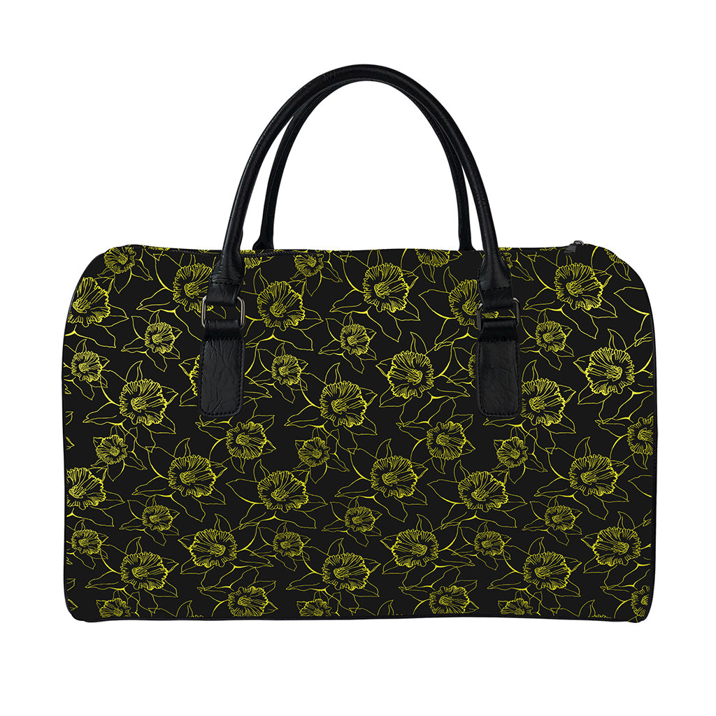 Black And Yellow Daffodil Pattern Print Leather Duffle Bag