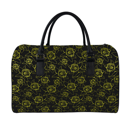 Black And Yellow Daffodil Pattern Print Leather Duffle Bag
