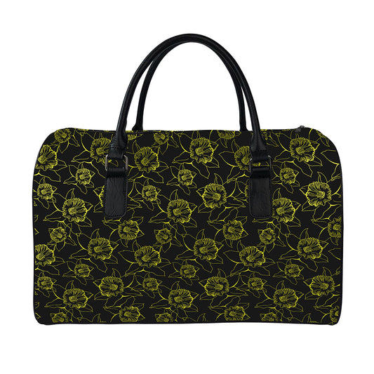 Black And Yellow Daffodil Pattern Print Leather Duffle Bag