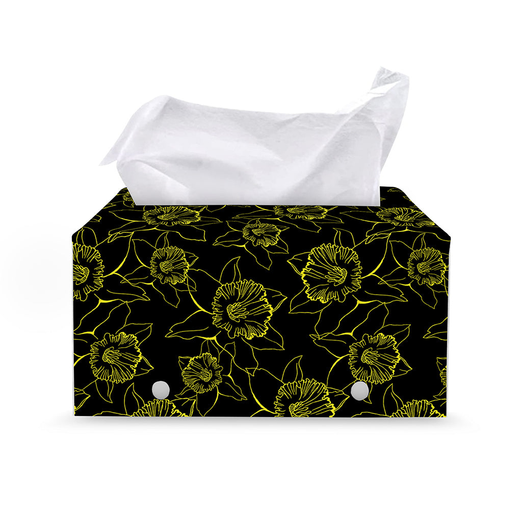 Black And Yellow Daffodil Pattern Print Leather Tissue Box Cover