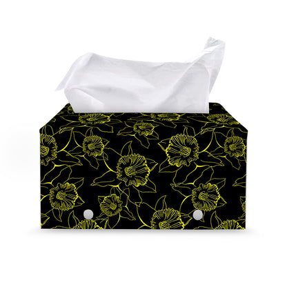 Black And Yellow Daffodil Pattern Print Leather Tissue Box Cover