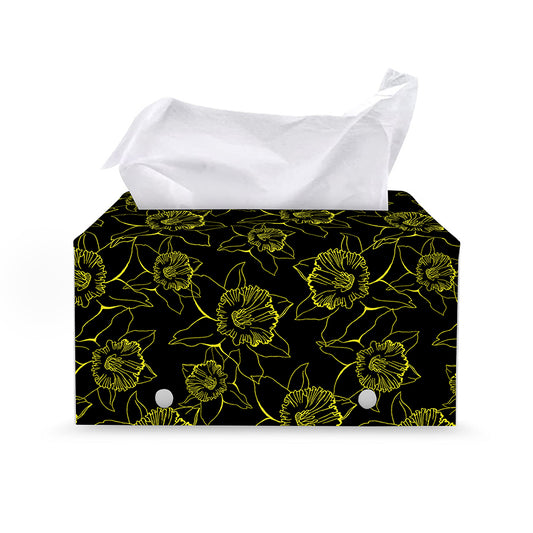Black And Yellow Daffodil Pattern Print Leather Tissue Box Cover