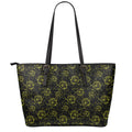 Black And Yellow Daffodil Pattern Print Leather Tote Bag With Zipper