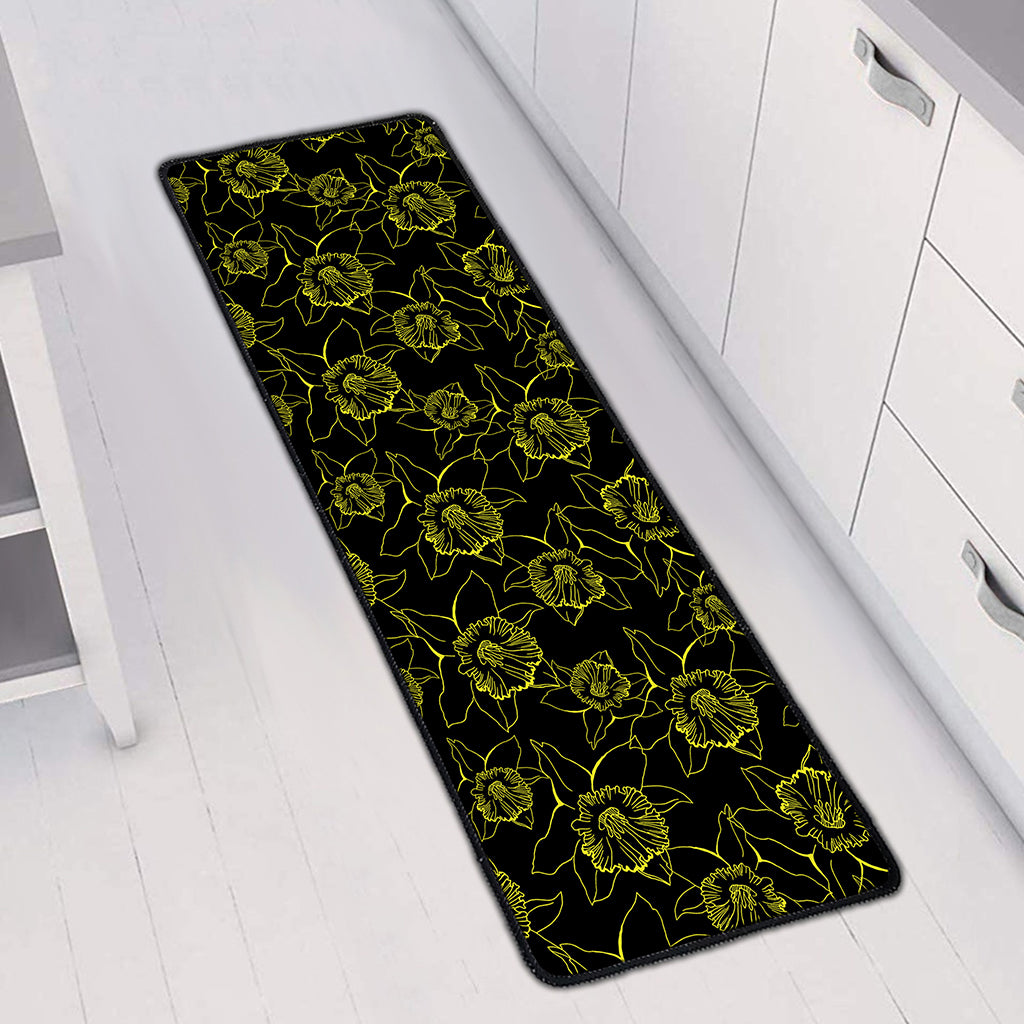 Black And Yellow Daffodil Pattern Print Long Kitchen Mat
