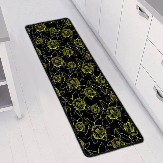 Black And Yellow Daffodil Pattern Print Long Kitchen Mat