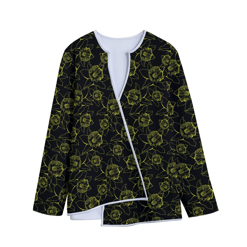 Black And Yellow Daffodil Pattern Print Long Sleeve Short Coat