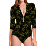 Black And Yellow Daffodil Pattern Print Long Sleeve Swimsuit