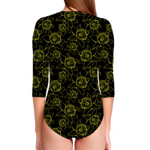 Black And Yellow Daffodil Pattern Print Long Sleeve Swimsuit