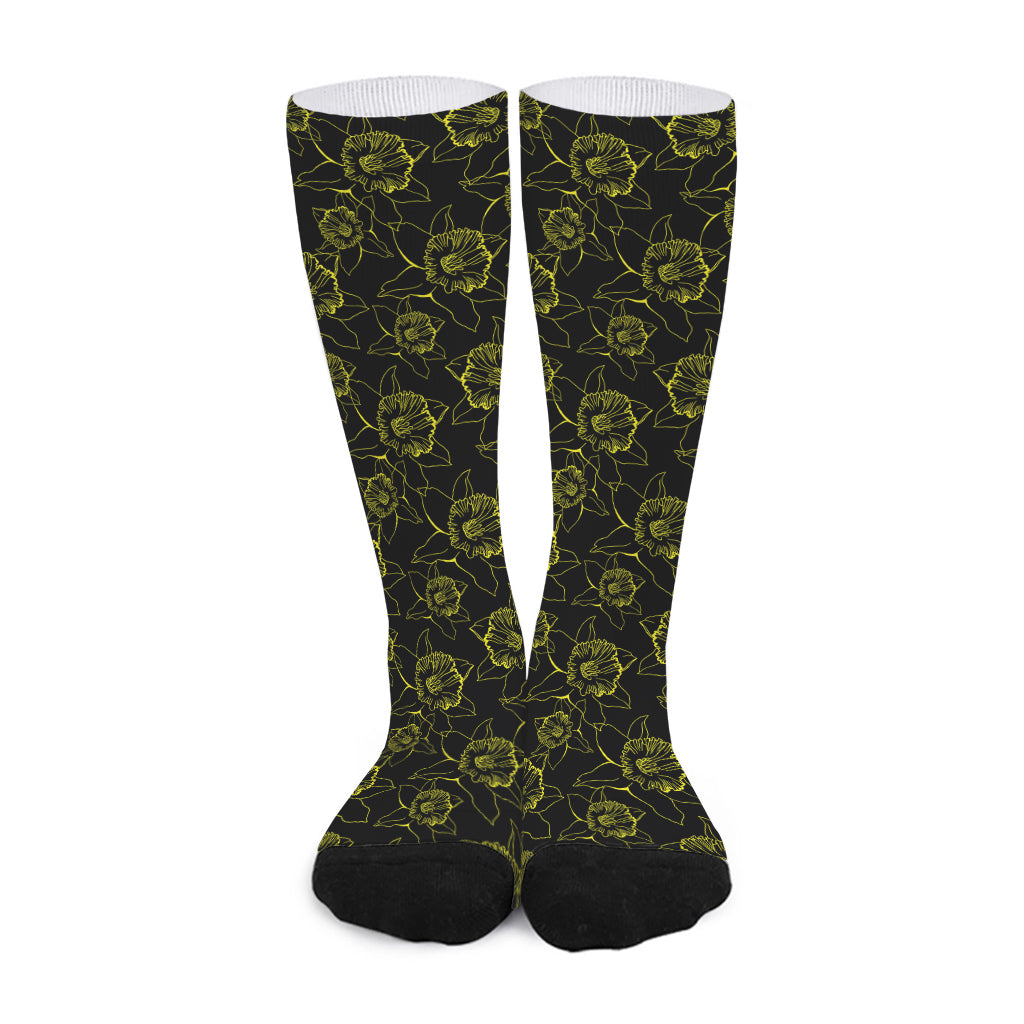 Black And Yellow Daffodil Pattern Print Long Socks