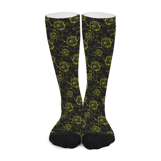 Black And Yellow Daffodil Pattern Print Long Socks