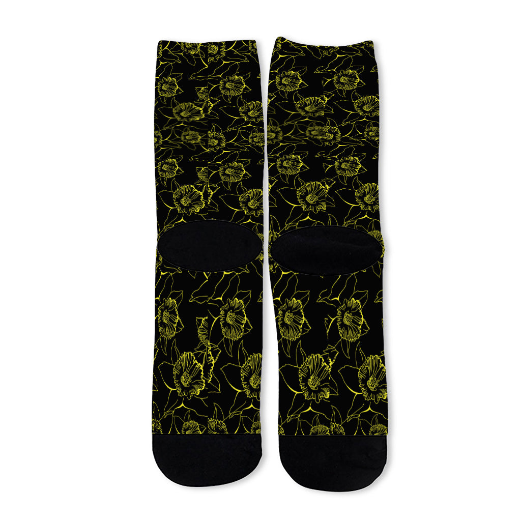 Black And Yellow Daffodil Pattern Print Long Socks