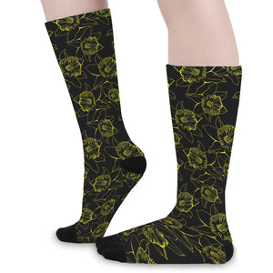 Black And Yellow Daffodil Pattern Print Long Socks