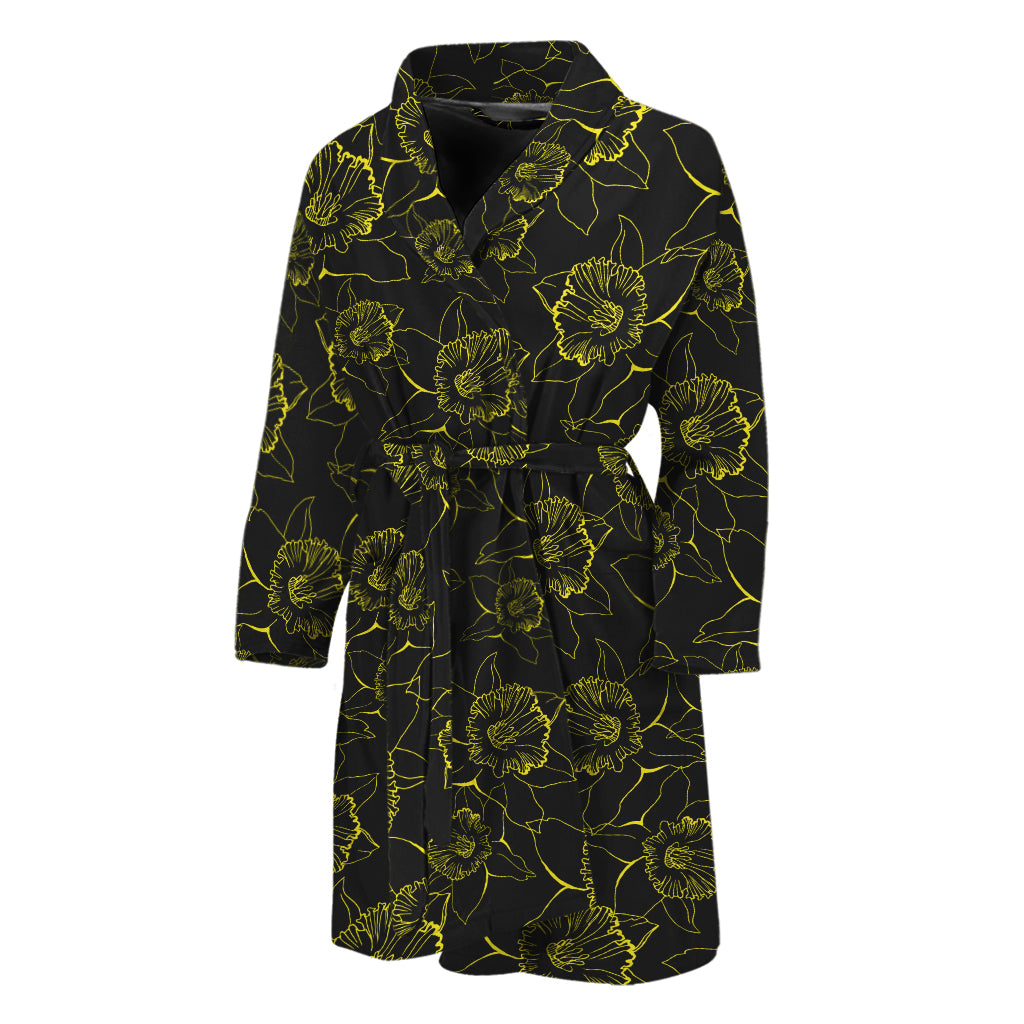 Black And Yellow Daffodil Pattern Print Men's Bathrobe