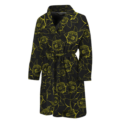 Black And Yellow Daffodil Pattern Print Men's Bathrobe