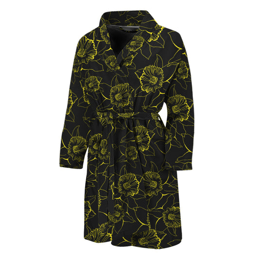 Black And Yellow Daffodil Pattern Print Men's Bathrobe