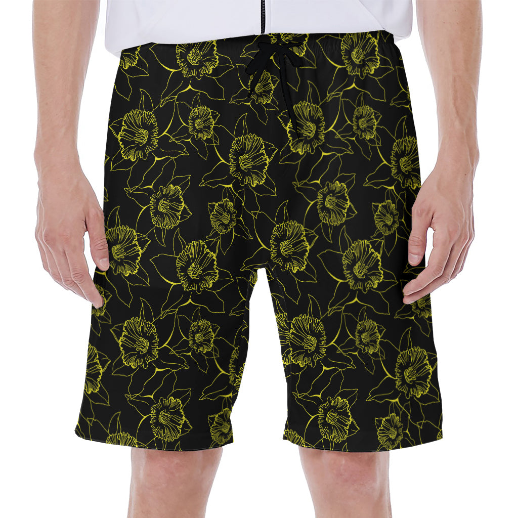 Black And Yellow Daffodil Pattern Print Men's Beach Shorts