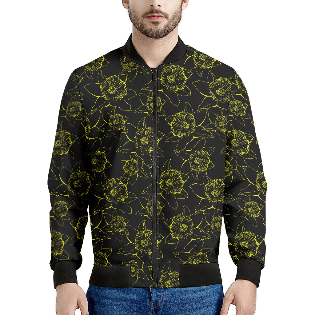 Black And Yellow Daffodil Pattern Print Men's Bomber Jacket