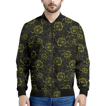 Black And Yellow Daffodil Pattern Print Men's Bomber Jacket