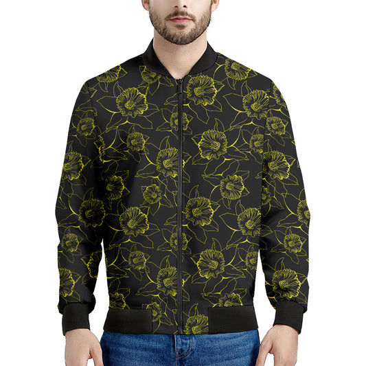 Black And Yellow Daffodil Pattern Print Men's Bomber Jacket