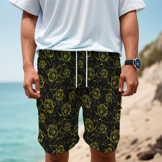 Black And Yellow Daffodil Pattern Print Men's Cargo Shorts