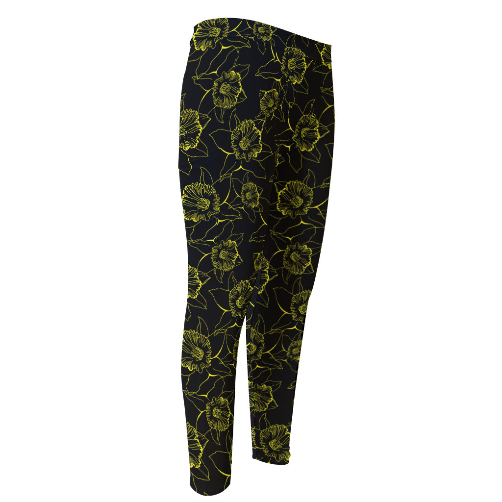 Black And Yellow Daffodil Pattern Print Men's Compression Pants