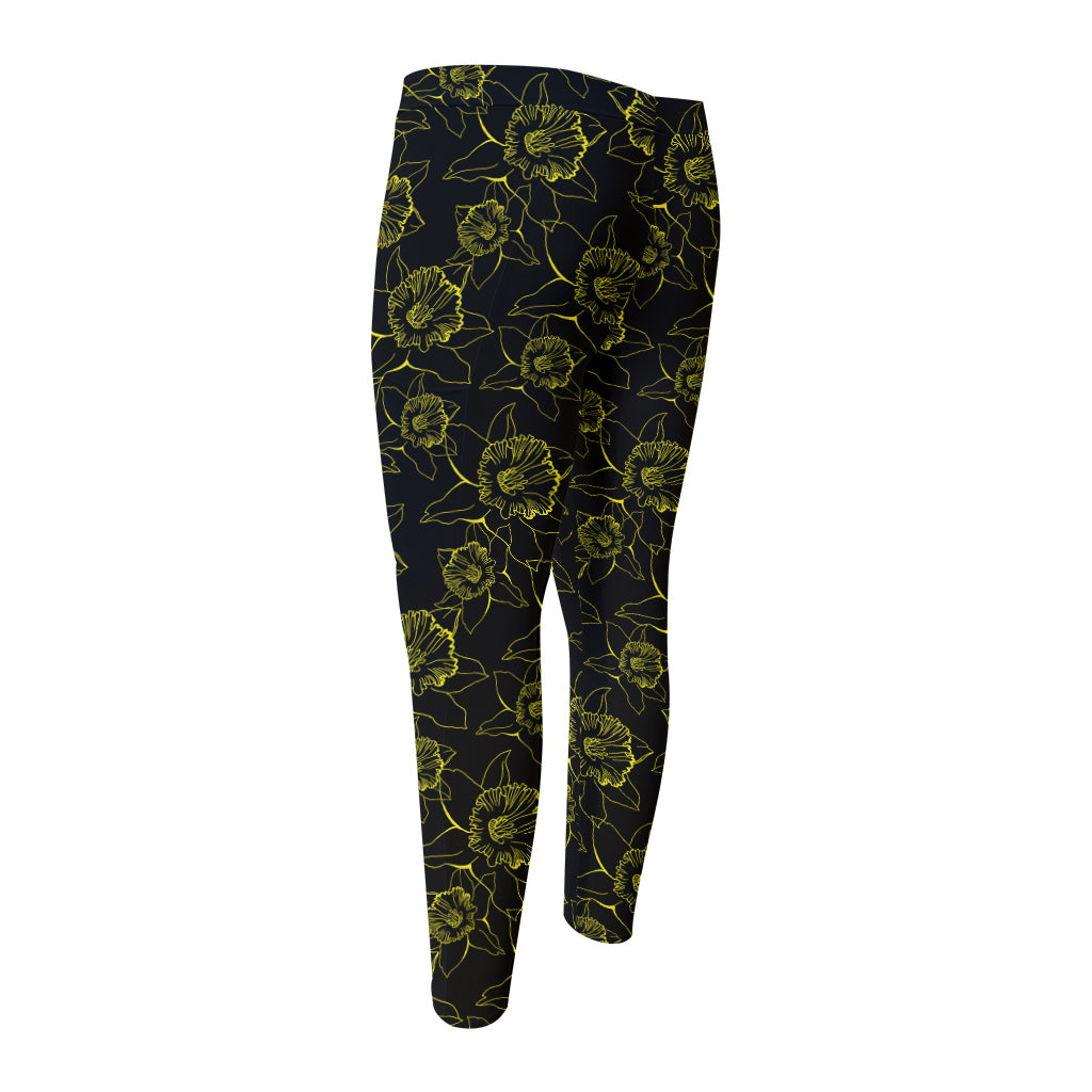 Black And Yellow Daffodil Pattern Print Men's Compression Pants