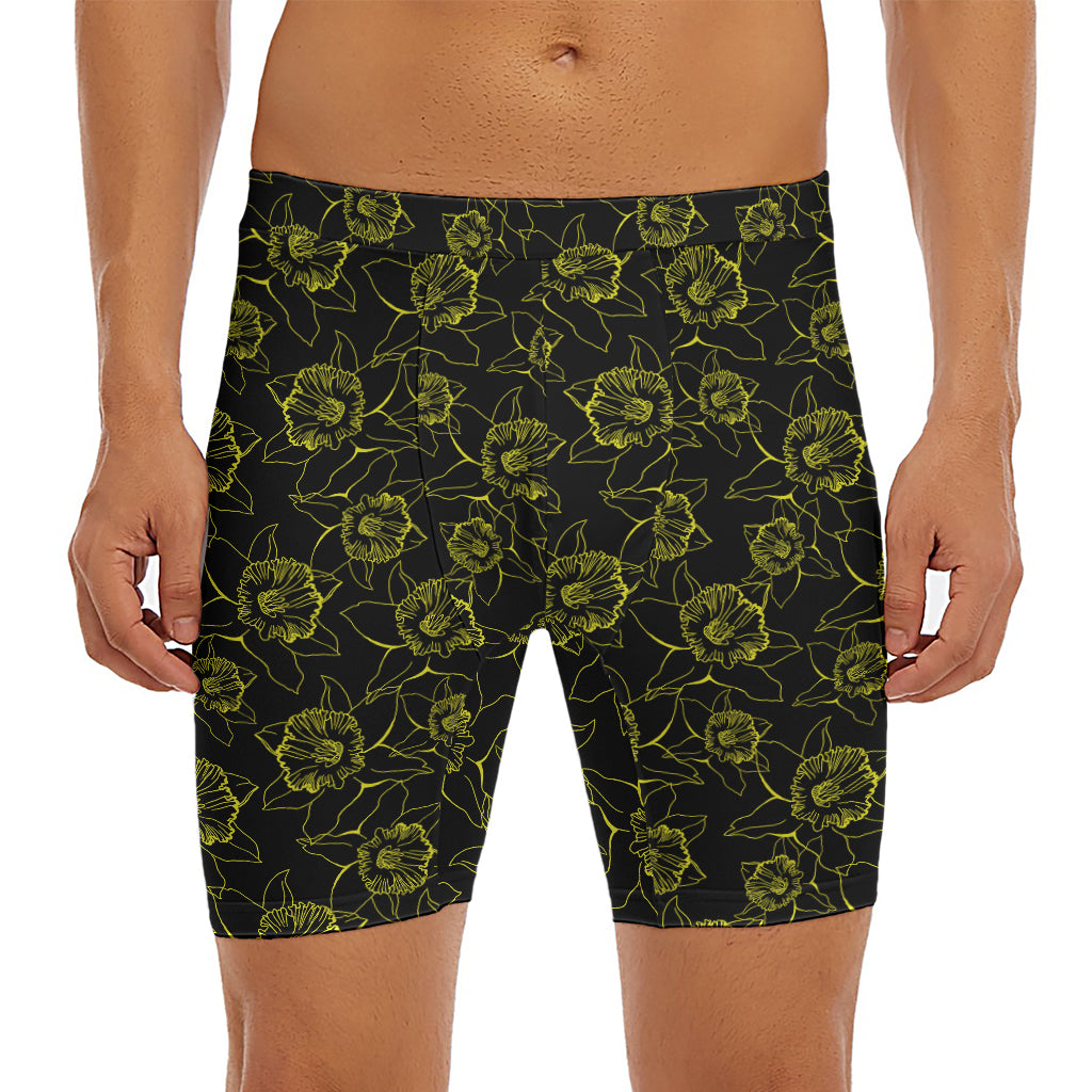 Black And Yellow Daffodil Pattern Print Men's Long Boxer Briefs
