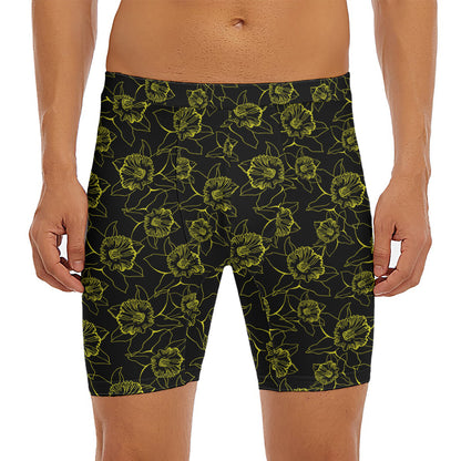 Black And Yellow Daffodil Pattern Print Men's Long Boxer Briefs