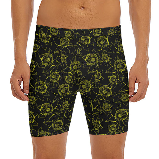Black And Yellow Daffodil Pattern Print Men's Long Boxer Briefs