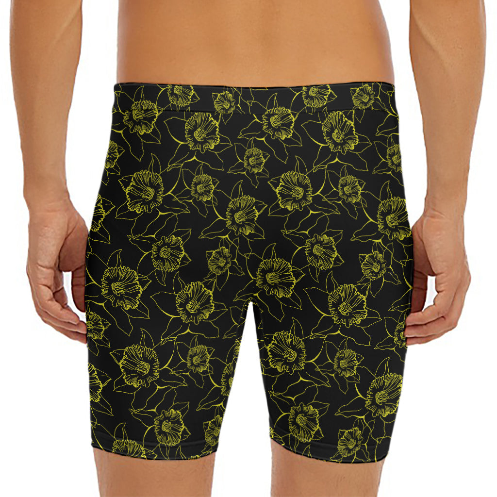 Black And Yellow Daffodil Pattern Print Men's Long Boxer Briefs