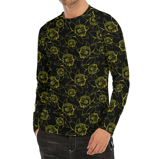 Black And Yellow Daffodil Pattern Print Men's Long Sleeve Rash Guard
