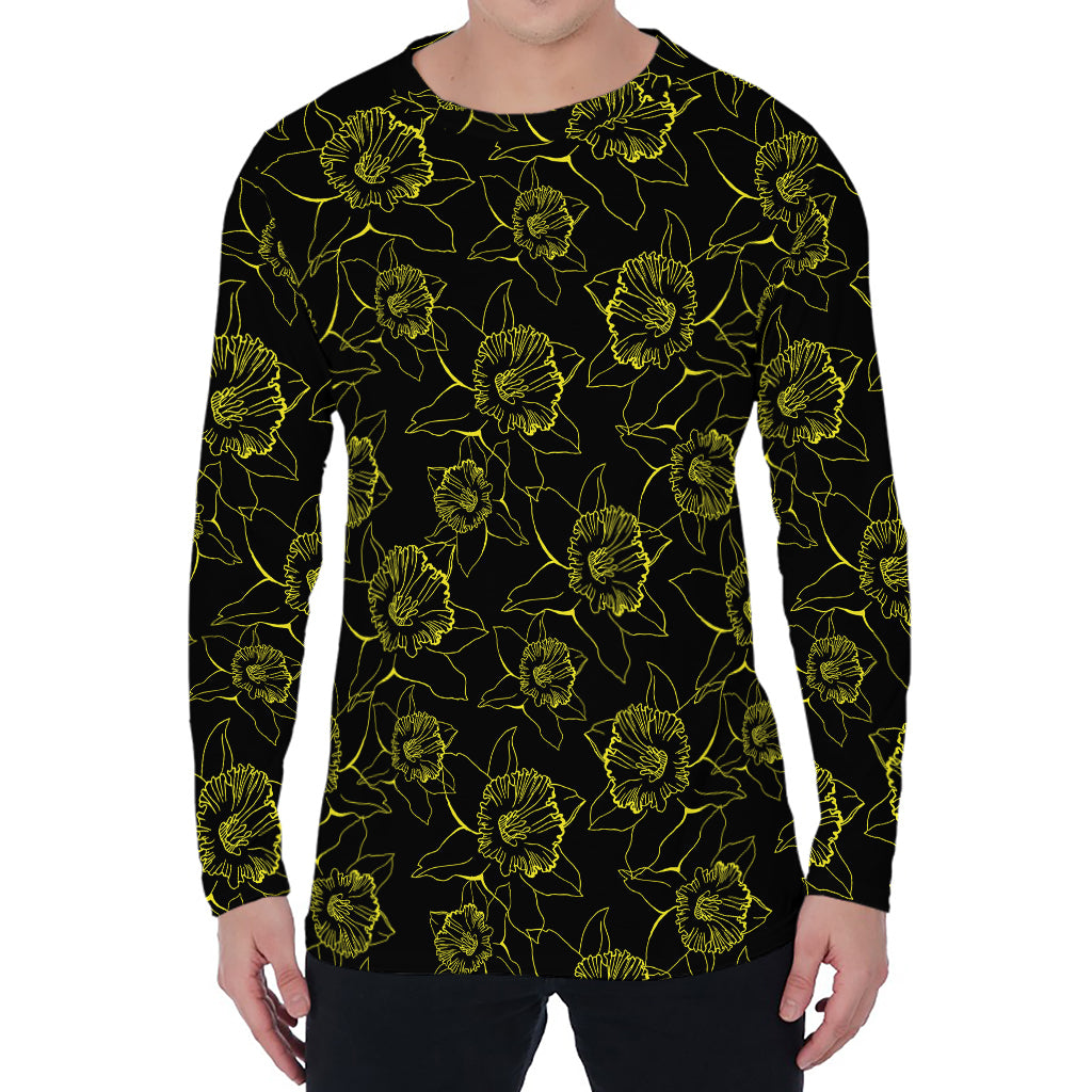 Black And Yellow Daffodil Pattern Print Men's Long Sleeve T-Shirt