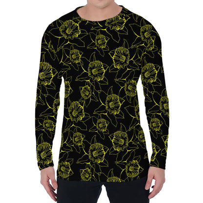 Black And Yellow Daffodil Pattern Print Men's Long Sleeve T-Shirt