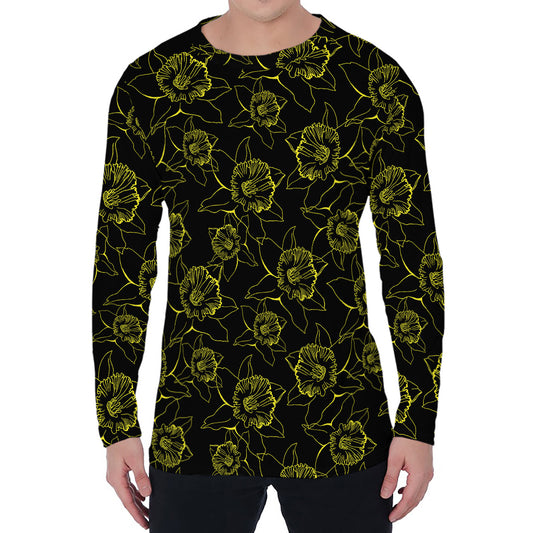 Black And Yellow Daffodil Pattern Print Men's Long Sleeve T-Shirt