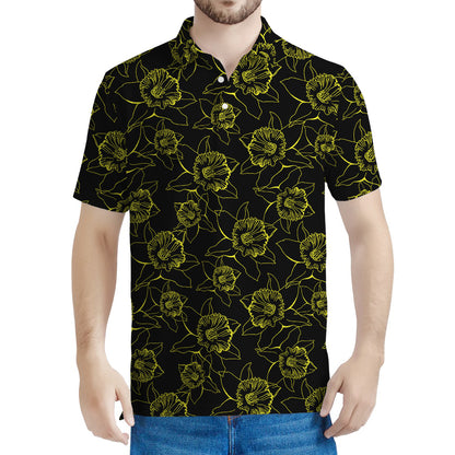 Black And Yellow Daffodil Pattern Print Men's Polo Shirt